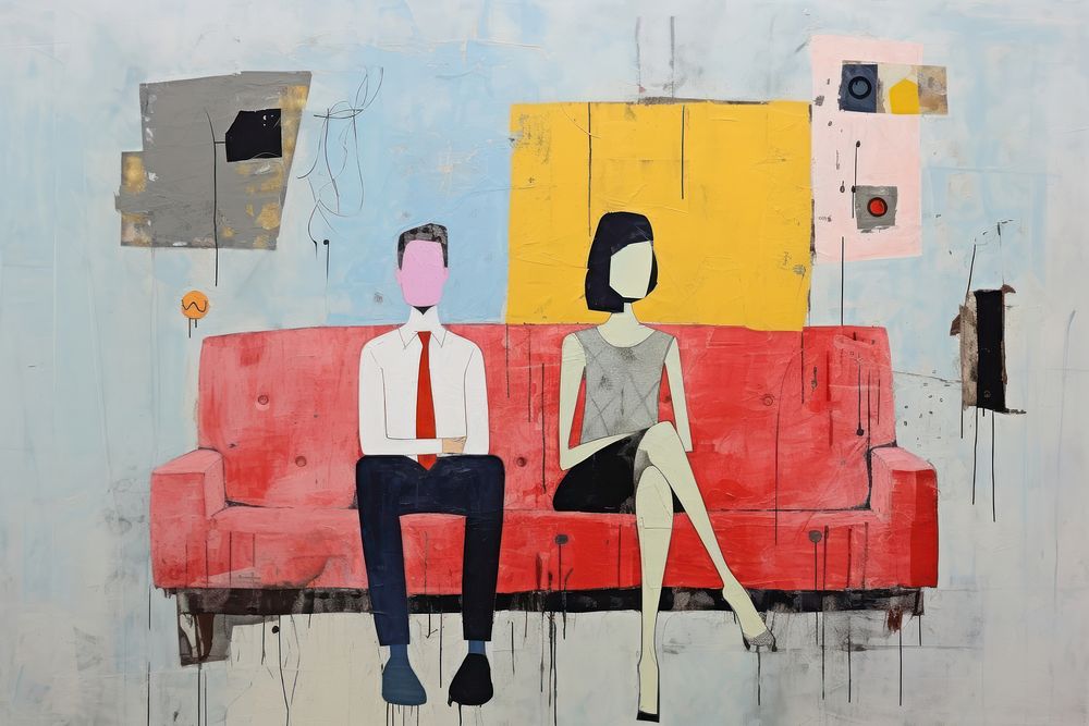Couple watching tv at sofa art painting adult.