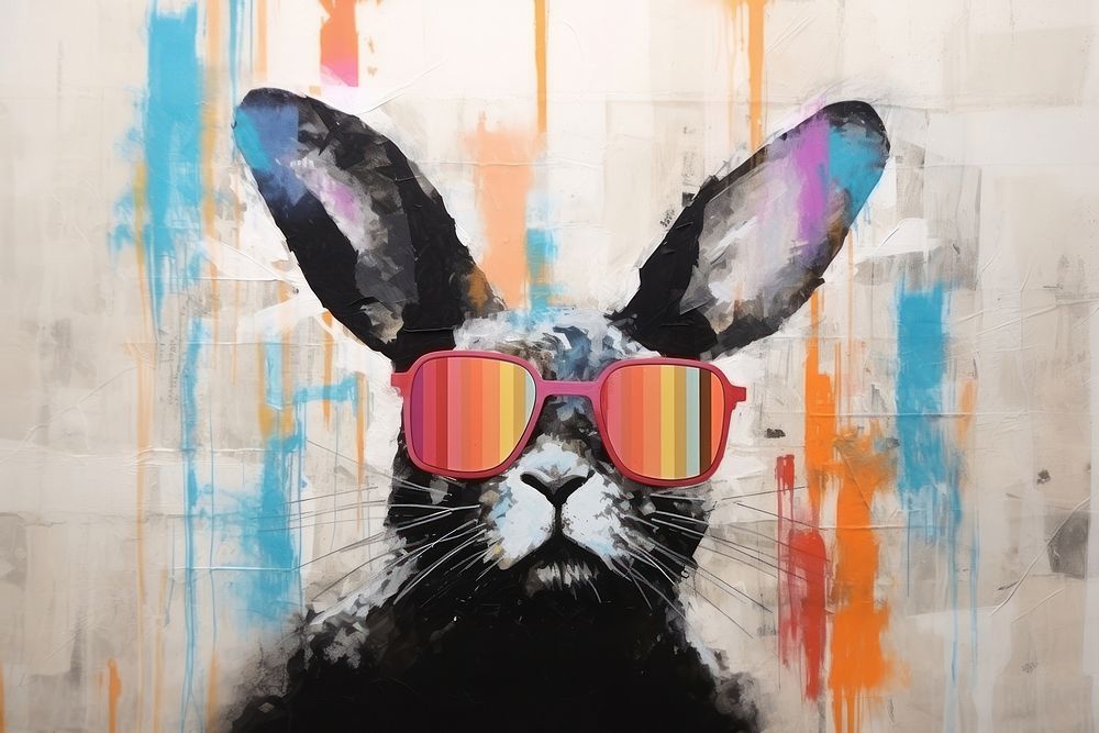 Cool bunny with sunglasses art painting collage.