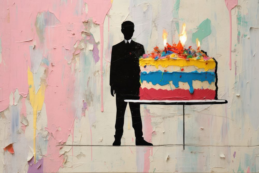 Cheerful man holding birthday cake art painting dessert.