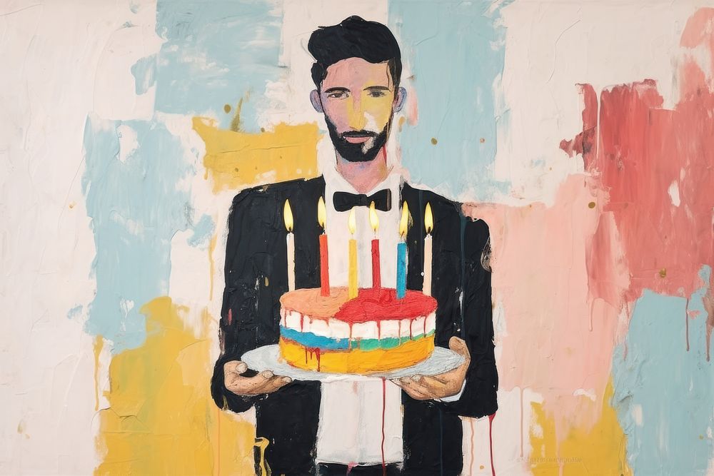 Cheerful man holding birthday cake art dessert adult.
