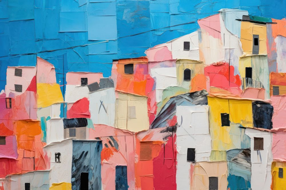 Close-up view of the colorful buildings on the rocky cliffs along art painting collage.