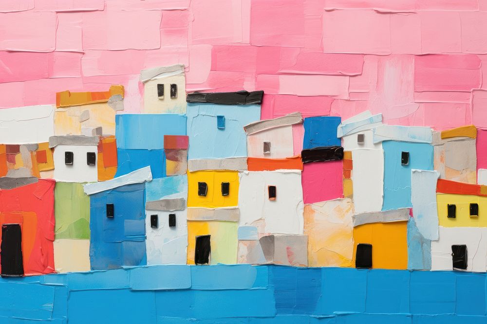 Close-up view of the colorful buildings on the rocky cliffs along art painting architecture.