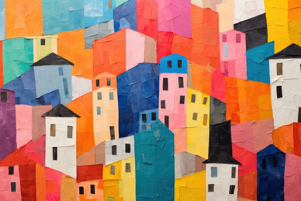 Close-up view of the colorful buildings on the rocky cliffs along art painting abstract.