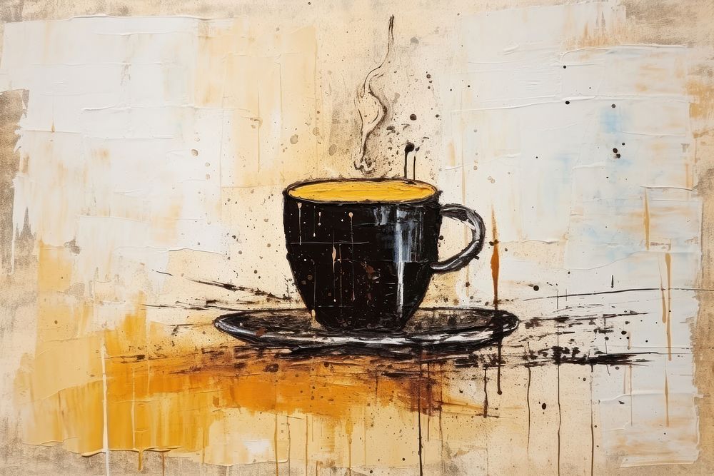 Cup of hot coffee on wooden table cup art painting.
