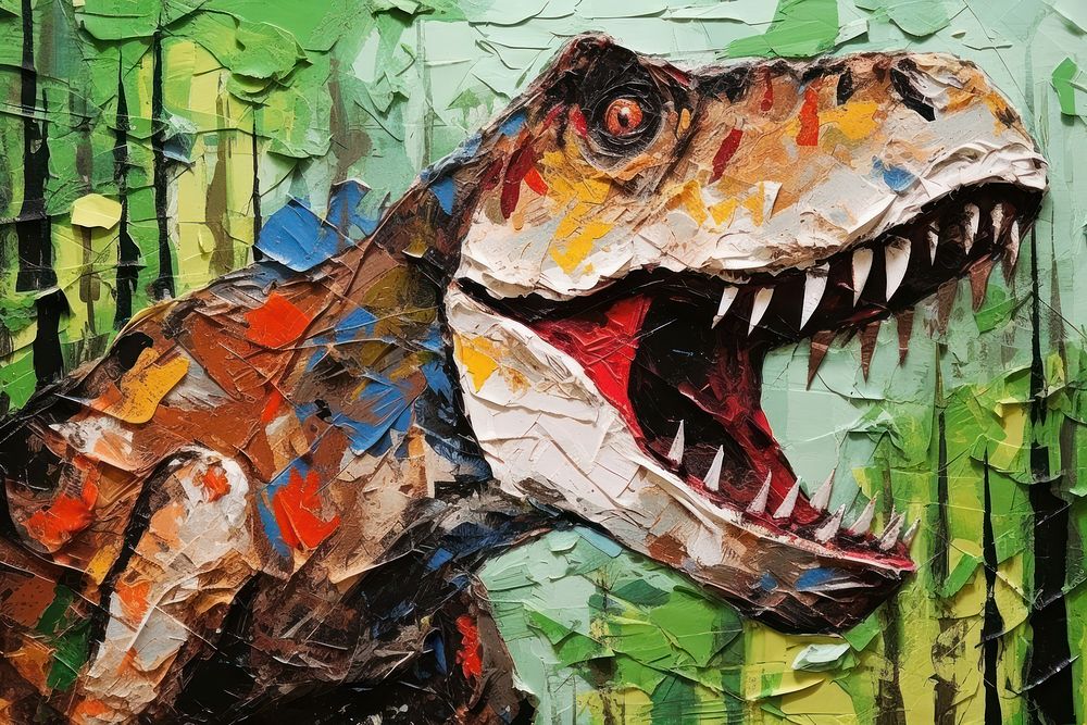 A T rex dinosaur rips through a prehistoric forest art reptile animal.