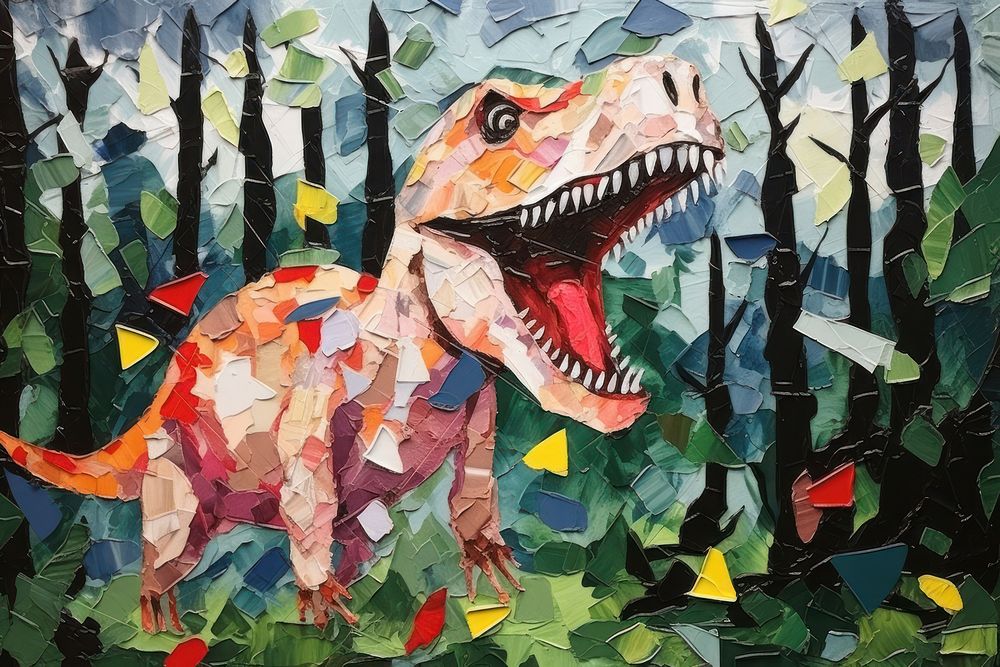 A T rex dinosaur rips through a prehistoric forest art animal plant.