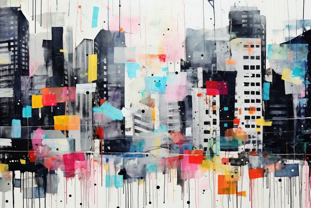 A futuristic city with sleek buildings and flying cars art abstract painting.