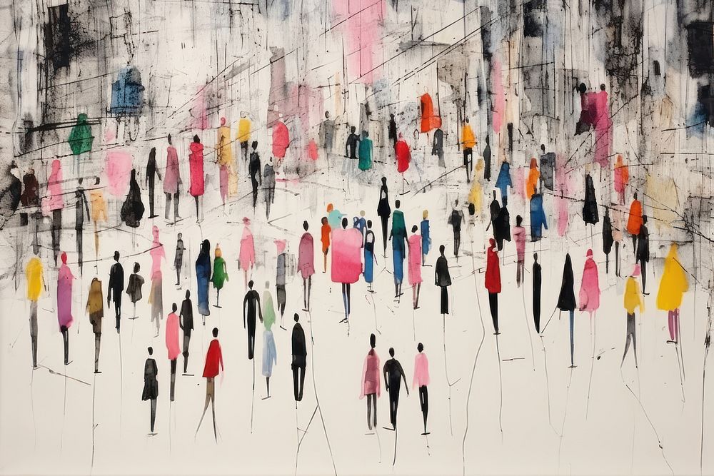 Anonymous crowd of people walking on city art abstract painting.