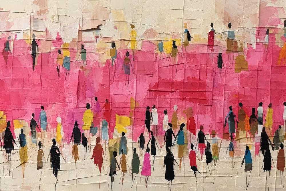 Anonymous crowd of people walking on city art painting collage.
