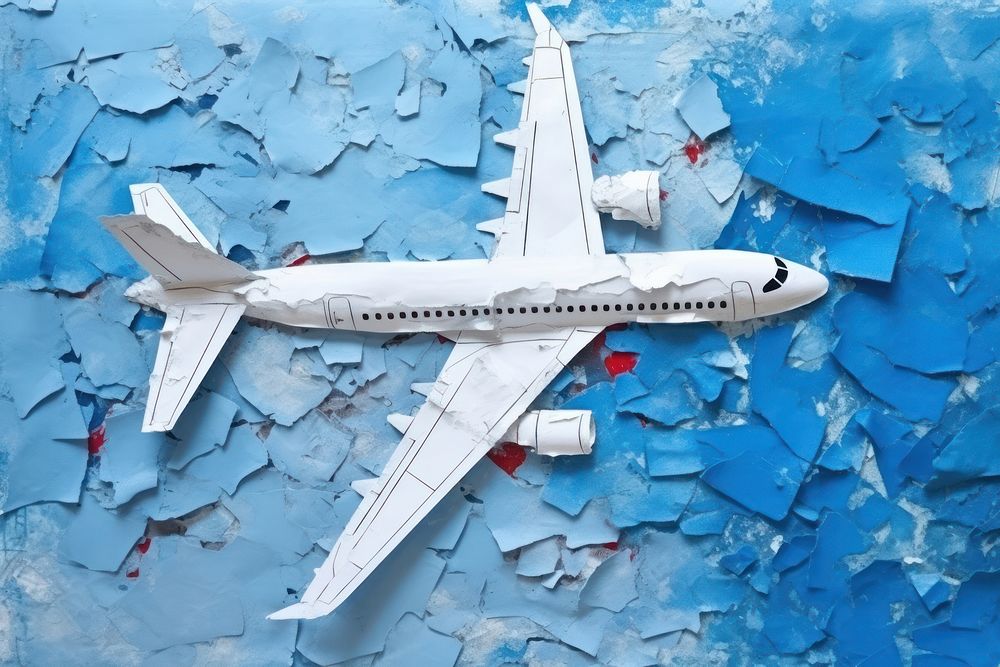 Airplane ripped paper collage aircraft airliner vehicle.