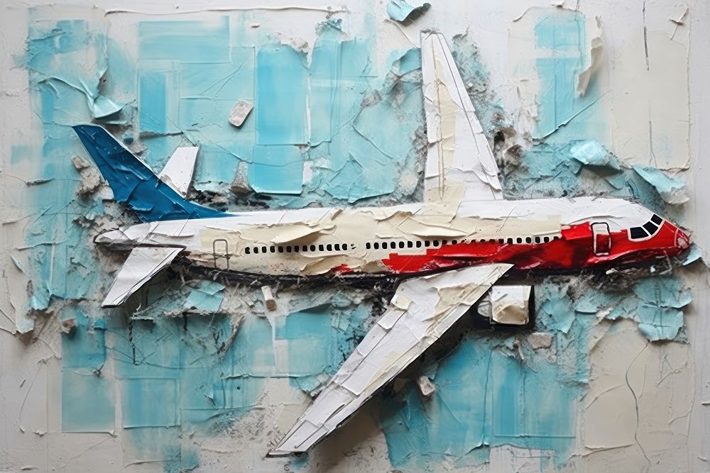 Airplane ripped paper collag aircraft airliner vehicle.