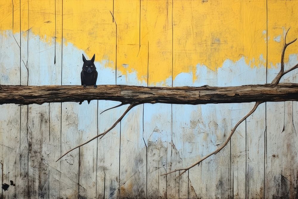 Bat sleep and hang on dead tree over old fence art painting animal.