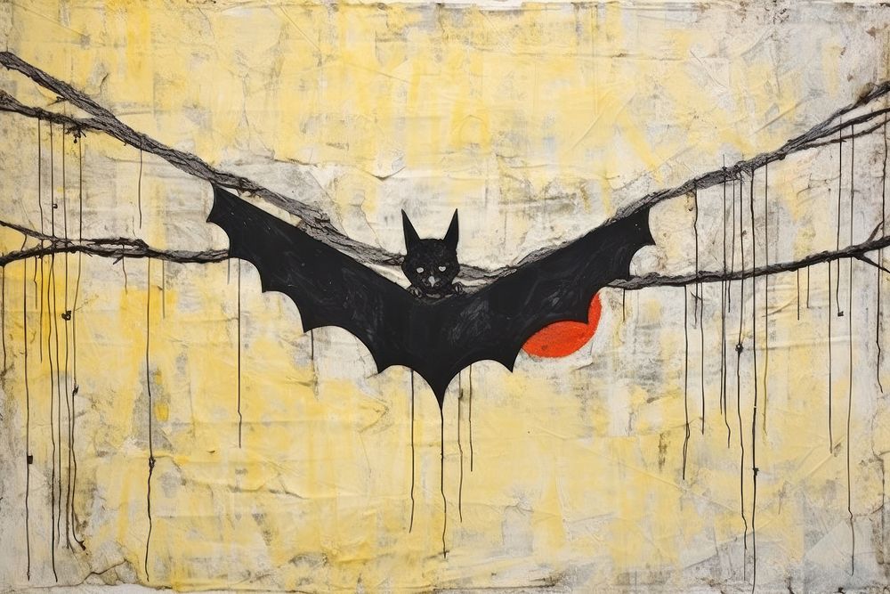 Bat sleep and hang on dead tree over old fence art painting bat.