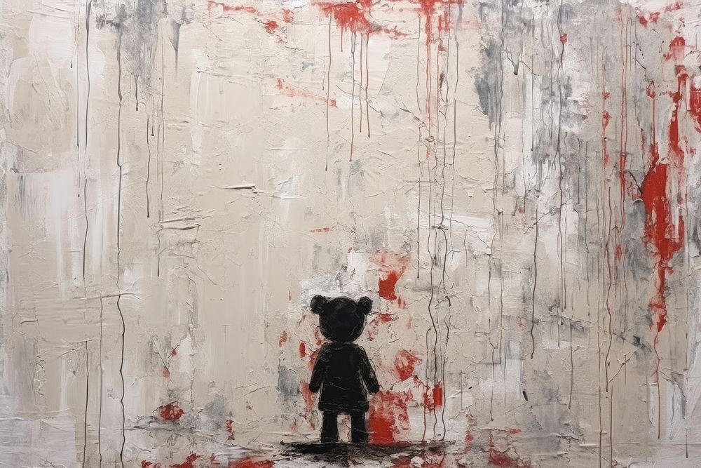 Back of a baby with a teddy bear art painting representation.