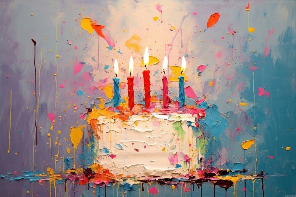Beautiful birthday cake with burning candles on stand against festive lights abstract dessert food.