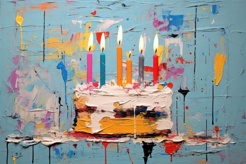 Beautiful birthday cake with burning candles on stand against festive lights painting art anniversary.