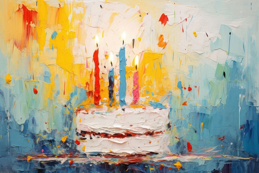 Beautiful birthday cake with burning candles on stand against festive lights art painting abstract.
