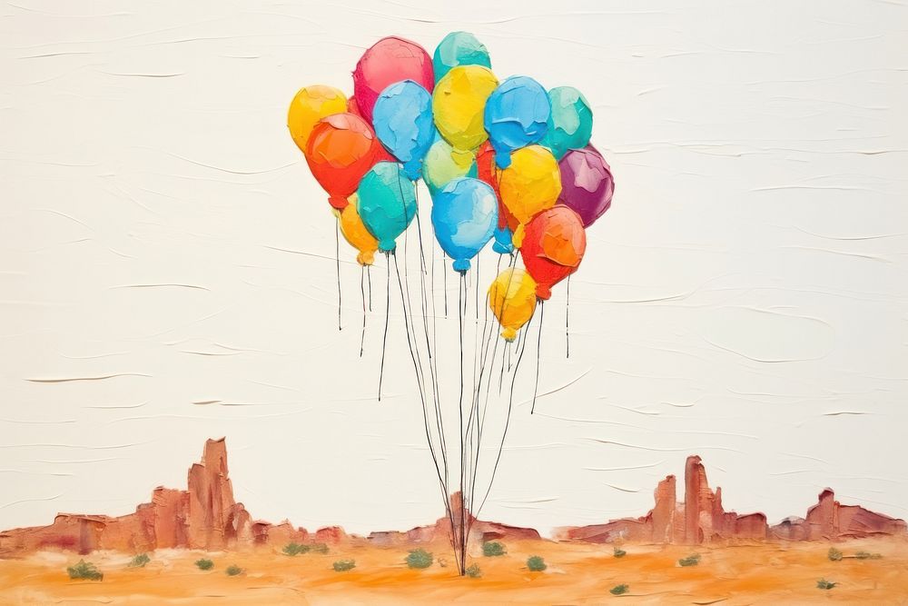 Bunch of balloons tied to desert cactus art transportation anniversary.