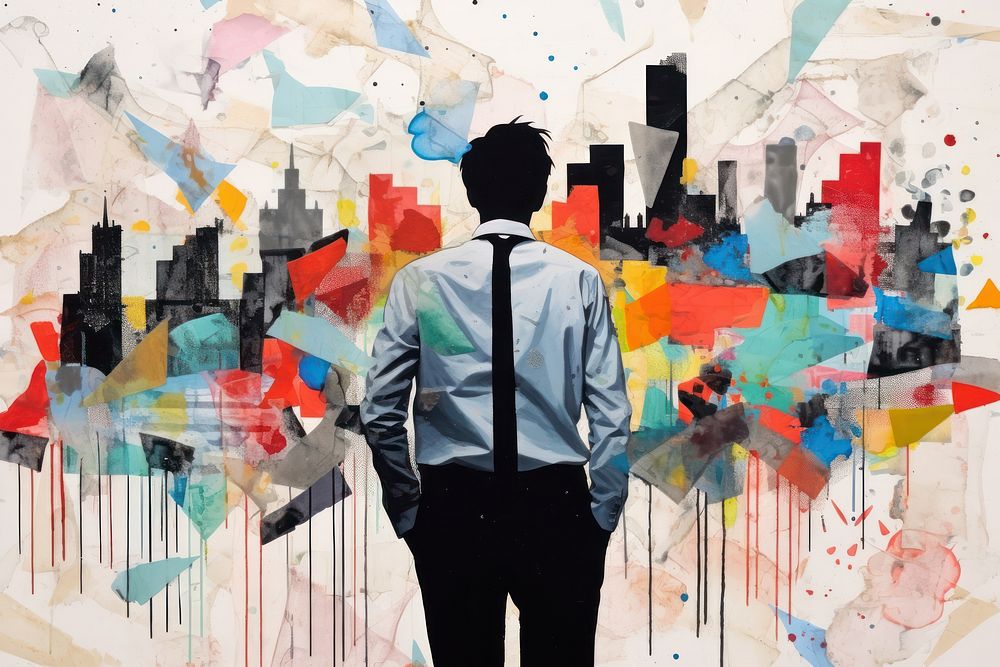Business man on future network city art abstract painting.