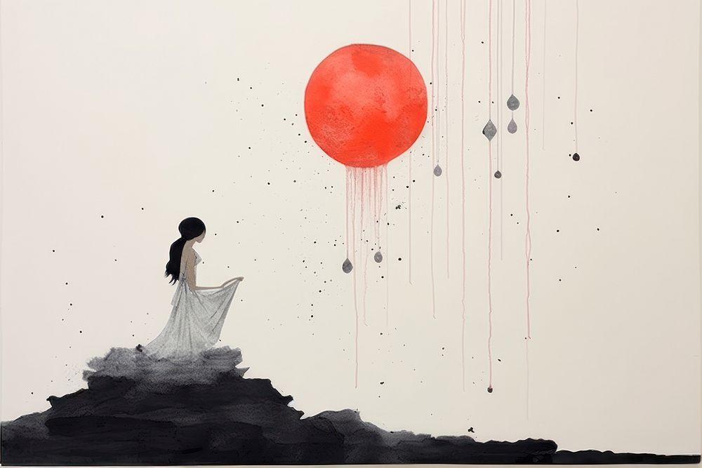 Girl pouring water on moon flowers art painting drawing.