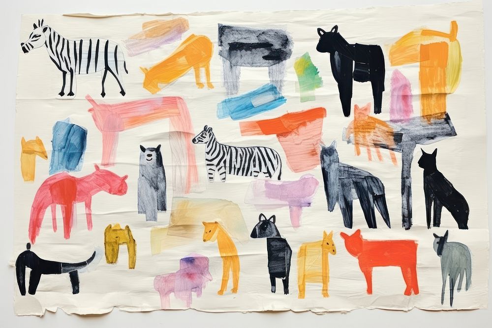 Group of wildlife animals collage art painting.