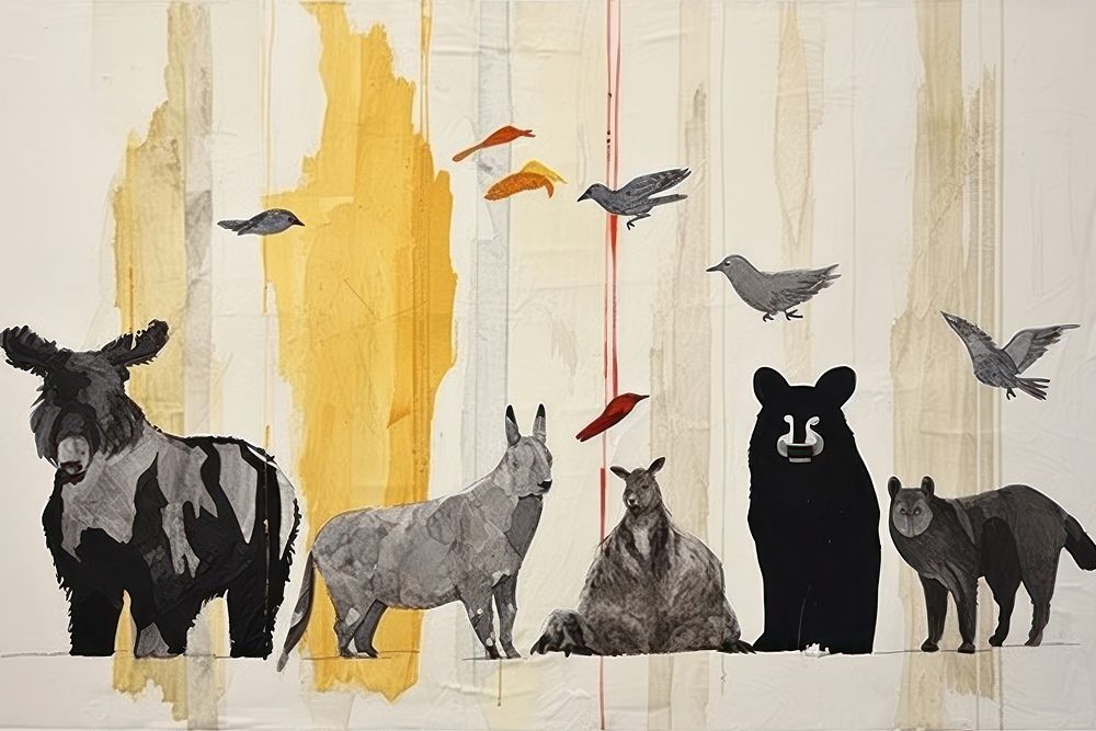 Group of wildlife animals art painting collage.