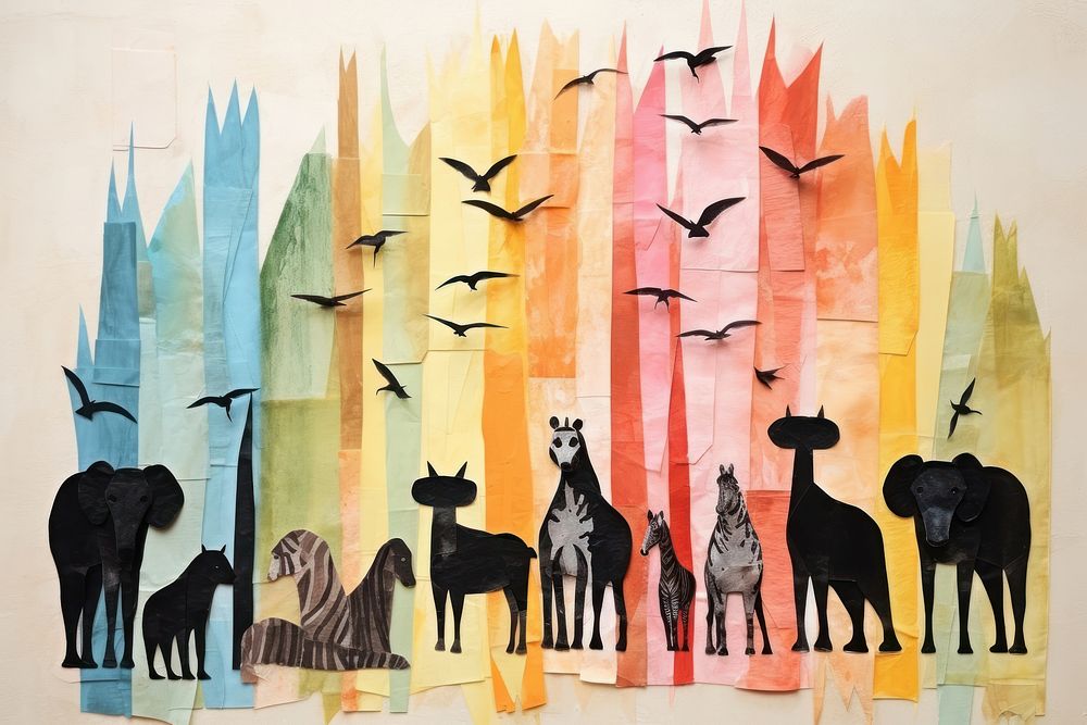 Group of wildlife animals art painting collage.
