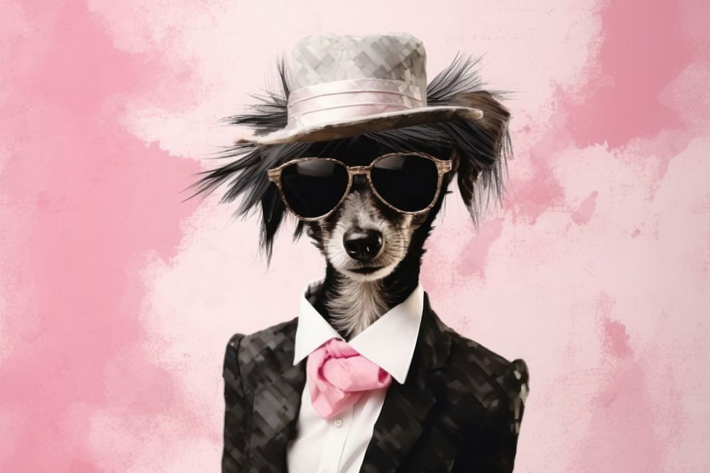 Dog puppy in glam fashionable couture high end outfits sunglasses portrait art.