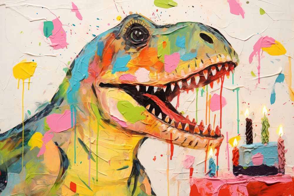Dinosaur blowing out birthday cake candles dinosaur art painting.