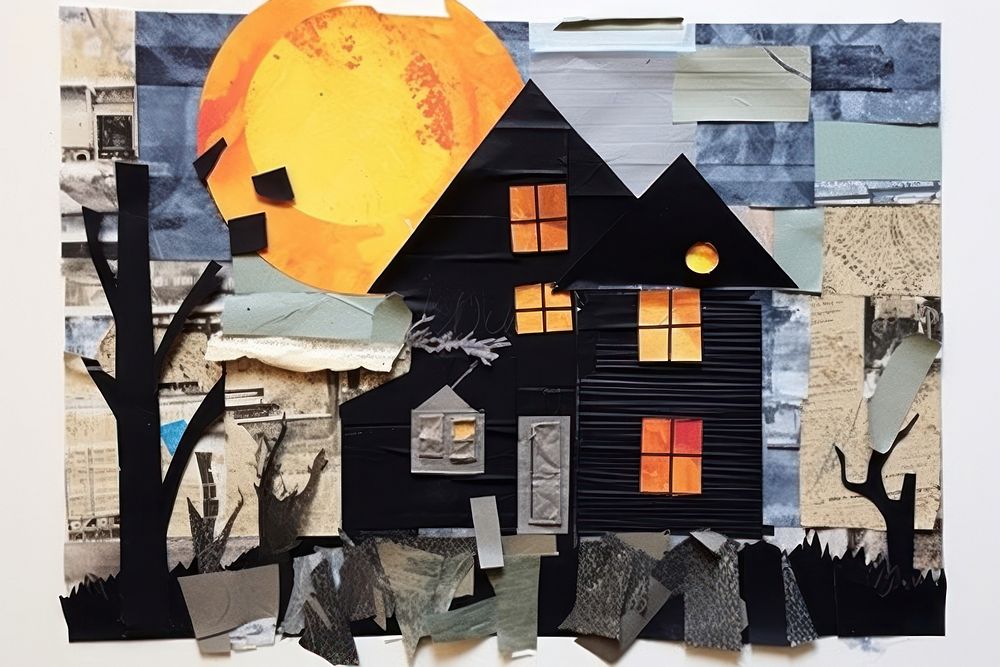 Front porch halloween decor after dark collage art painting.