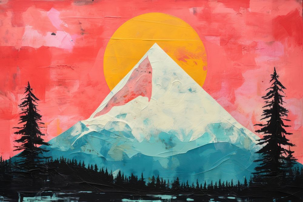 Full moon rising behind Mt Hood in sunset color art painting outdoors.