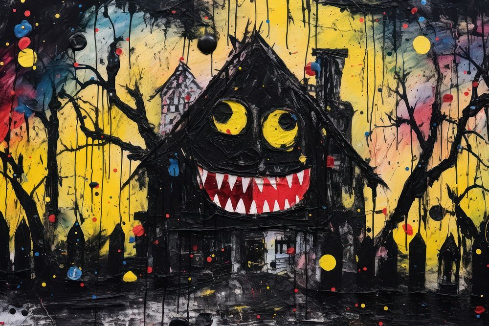 Horror halloween haunted house in creepy night forest art painting horror.