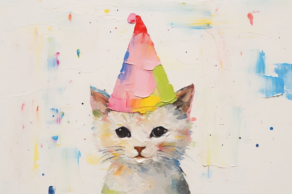Hand holding cute kitten cat wearing birthday hat art representation celebration.