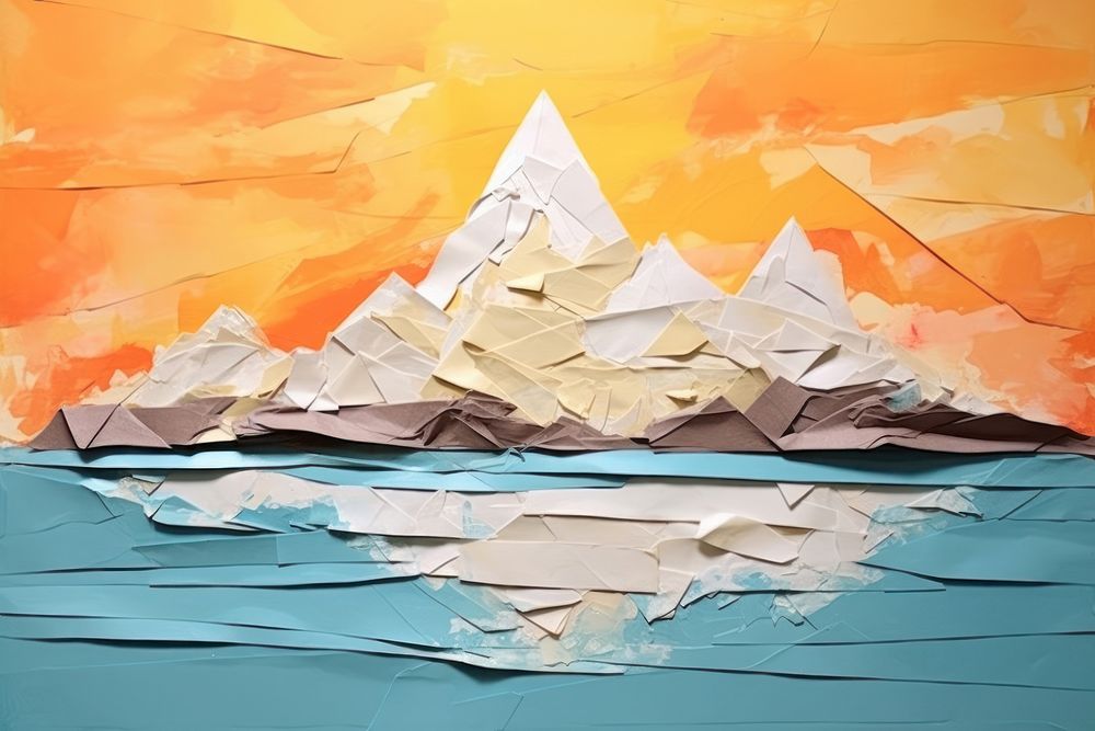 Mountain in morning light reflected in calm waters of lake art abstract painting.