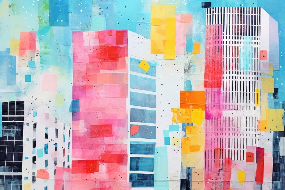 Modern office buildings in city collage art painting.