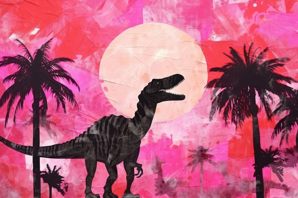 Silhouette dinosaur in the park and pink color sky art animal representation.