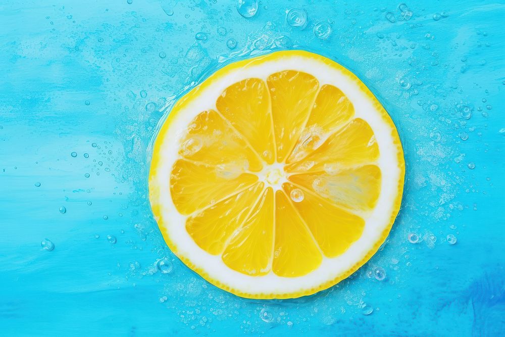 Slice of lemon underwater or in water with splashing and droplet top view flat lay on blue background backgrounds fruit…