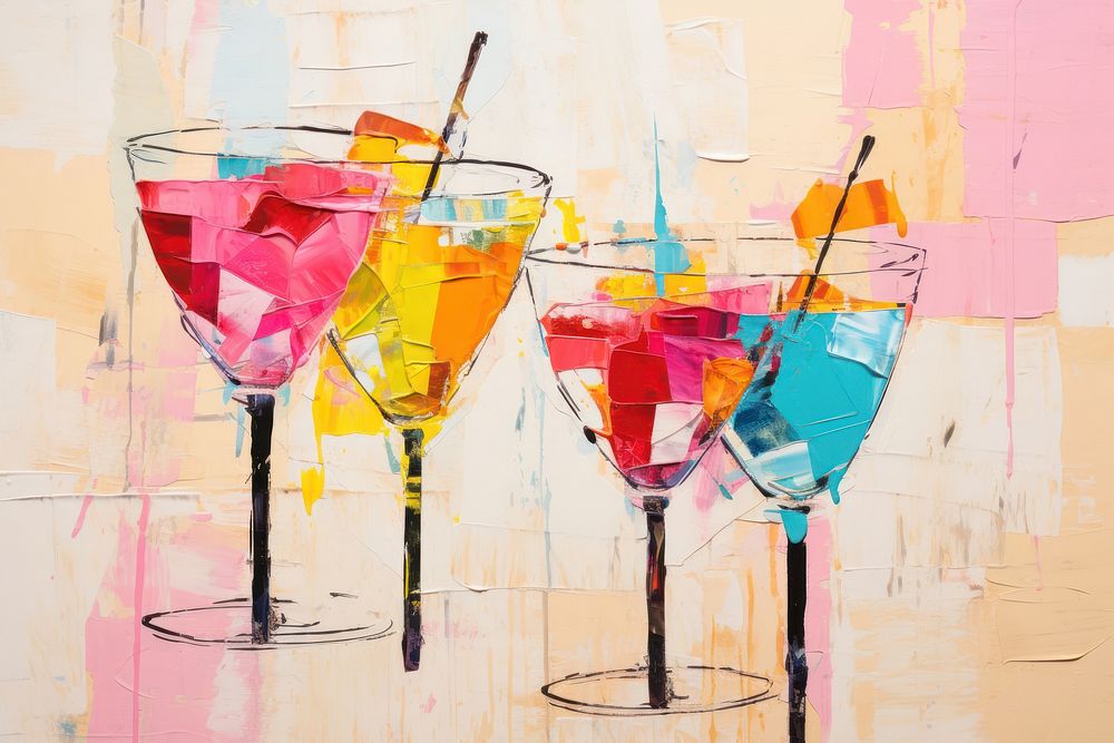 Stemmed cocktail glasses making a toast splashin art painting drink.