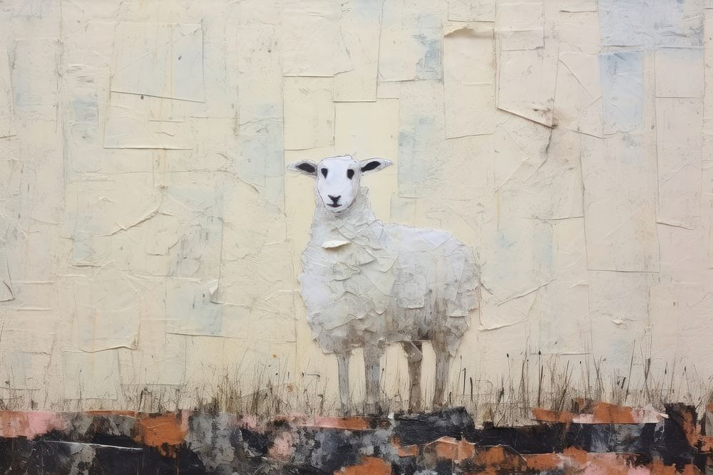 White lamb in field art livestock painting.