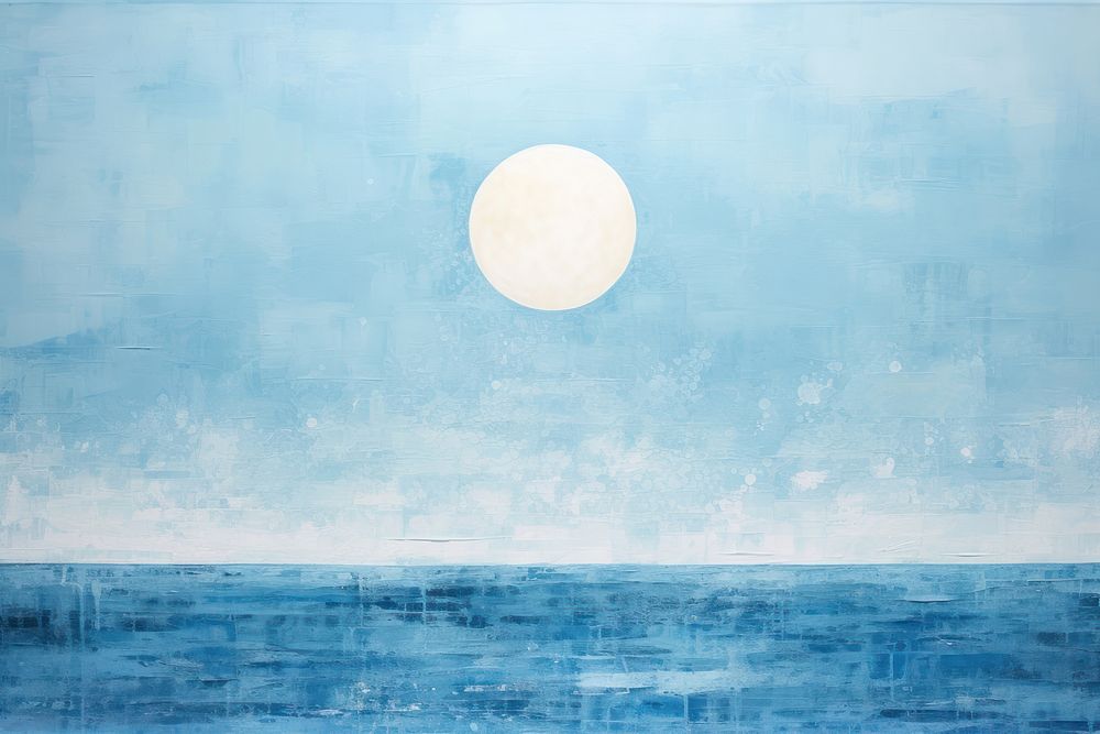 This large full blue moon rises brightly over the cloud bank in this calm ocean abstract painting nature.