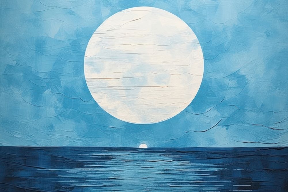 This large full blue moon rises brightly over the cloud bank in this calm ocean painting nature night.