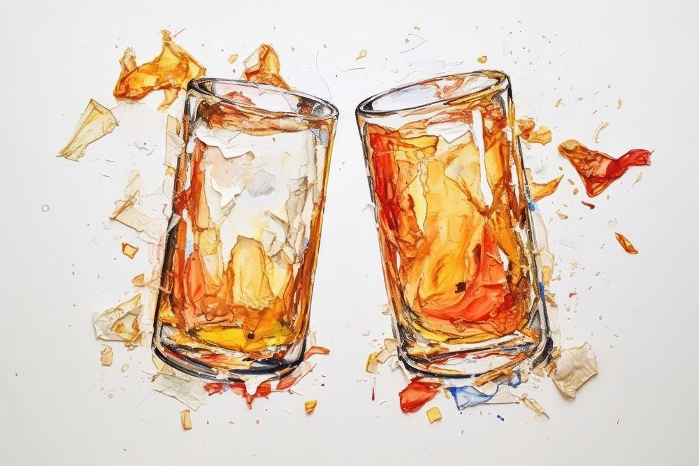 Two beer glass ripped paper cocktail whisky drink.