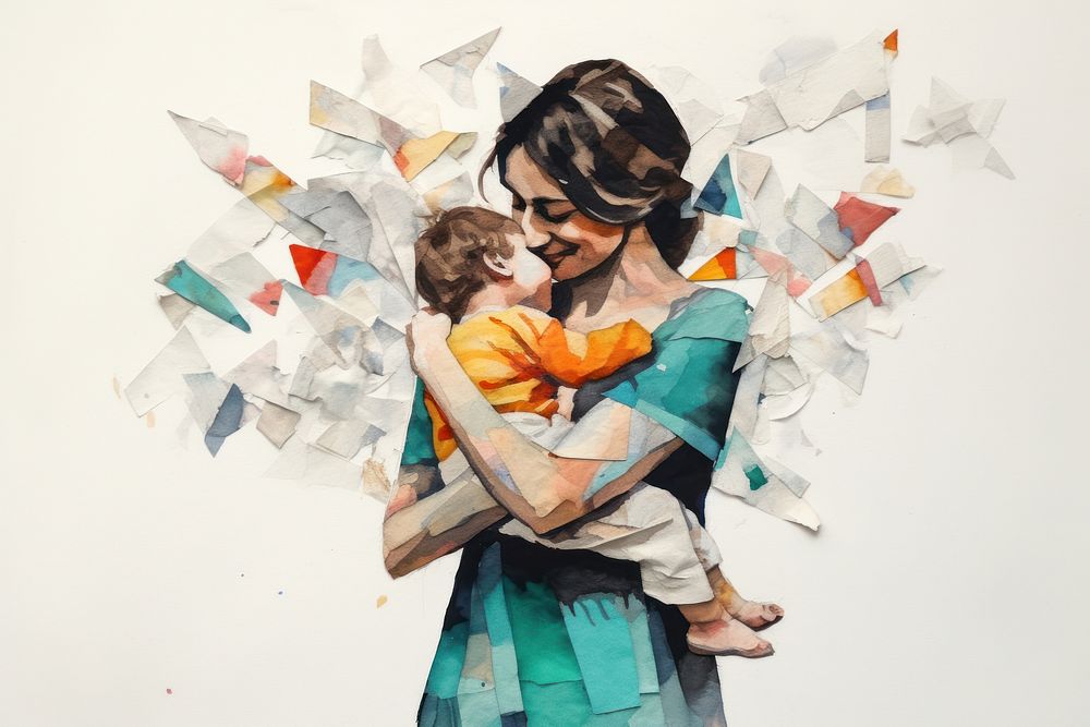 Young mom holding her happy baby in air art portrait collage.