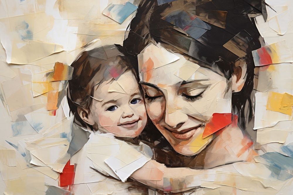 Young mom holding her happy baby in air art portrait painting.
