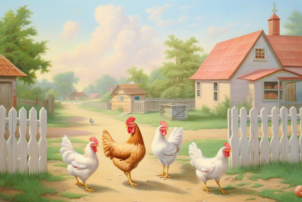 Painting of Chickens farm border chicken livestock outdoors.