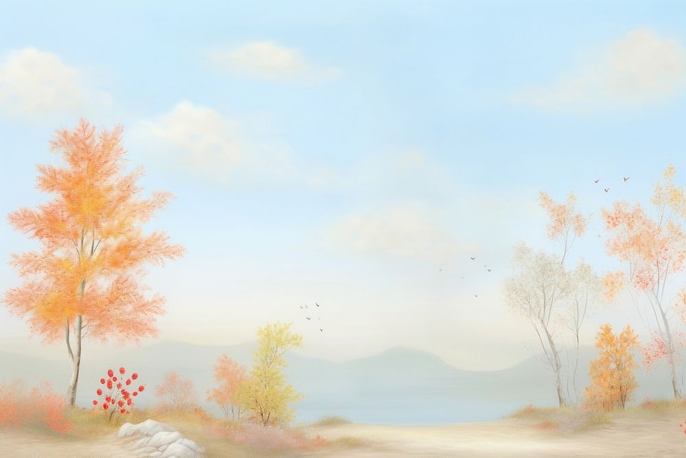 Painting of autumn border outdoors plant tree.