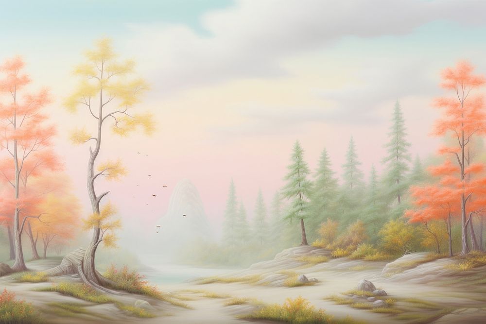 Painting of autumn forest border backgrounds landscape outdoors.
