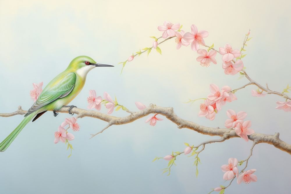 Painting of bird closeup border animal flower plant.