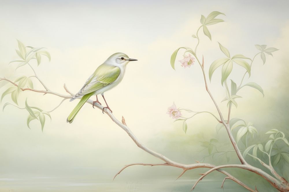 Painting of bird closeup border animal plant green.