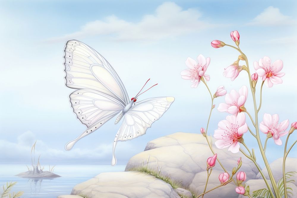 Painting of butterfly closeup border outdoors nature flower.